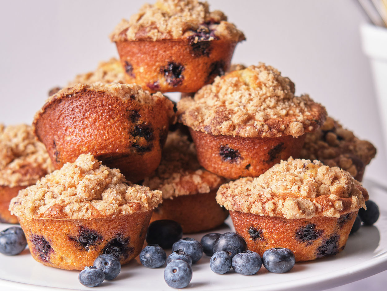 Moist Blueberry Muffins with Cinnamon Streusel and Lemon Butter
